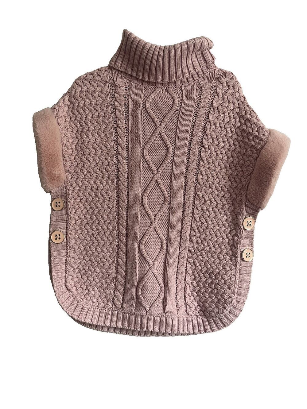 Isaac Mizrahi New York Girls 5-6 Pink Cable Knit Turtleneck Poncho Faux Fur
